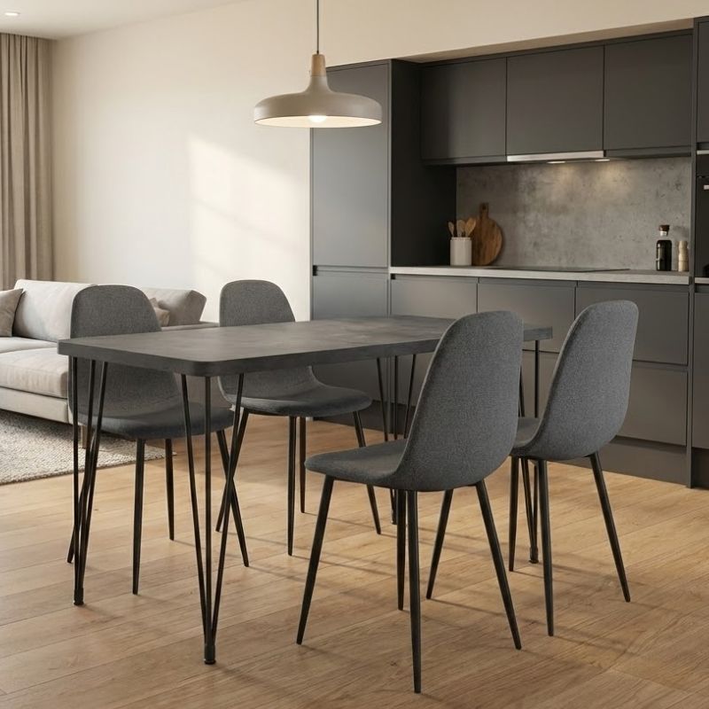 Σετ τραπεζαρία 5τμχ Roger – Iris Megapap Mdf – ύφασμα χρώμα σκούρο γκρι σκυροδέματος – γκρι 120x70x75εκ.