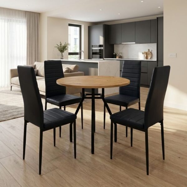 Σετ τραπεζαρία 5τμχ Roma – Rosa Megapap χρώμα pine oak – μαύρο Ø80×75εκ.