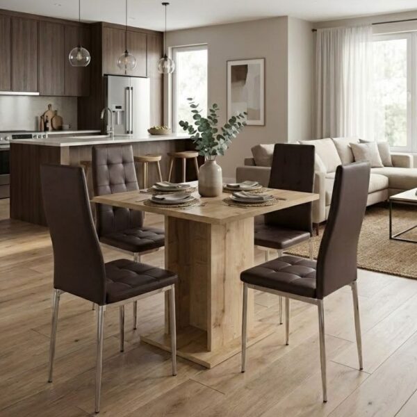 Σετ τραπεζαρία 5τμχ Allos – Rosa Megapap χρώμα sapphire oak – καφέ/χρωμίου πόδι 75x75x77εκ.