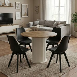 Σετ τραπεζαρία 5τμχ Bohema - Viva Megapap χρώμα ivory/sepet oak - μαύρο Ø90x77,7εκ.