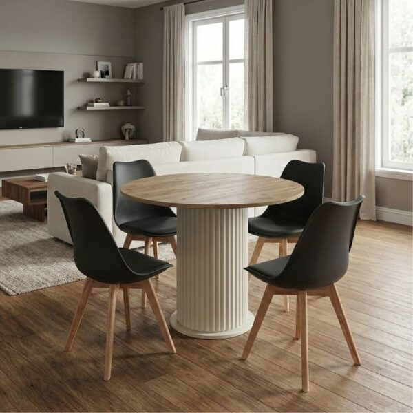 Σετ τραπεζαρία 5τμχ Bohema – Viva Megapap χρώμα ivory/sepet oak – μαύρο/φυσικό πόδι Ø90×77,7εκ.
