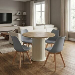 Σετ τραπεζαρία 5τμχ Bohema - Viva Megapap χρώμα ivory/sepet oak - γκρι Ø90x77,7εκ.