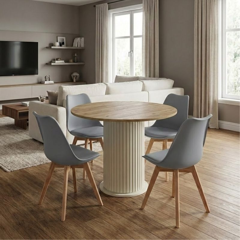 Σετ τραπεζαρία 5τμχ Bohema – Viva Megapap χρώμα ivory/sepet oak – γκρι Ø90×77,7εκ.
