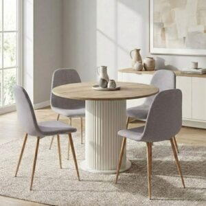Σετ τραπεζαρία 5τμχ Bohema - Iris Megapap χρώμα ivory/sepet oak - ανοιχτό μπεζ Ø90x77,7εκ.