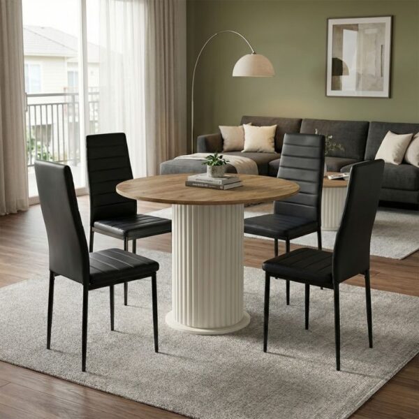 Σετ τραπεζαρία 5τμχ Bohema – Rosa Megapap χρώμα ivory/sepet oak – μαύρο Ø90×77,7εκ.
