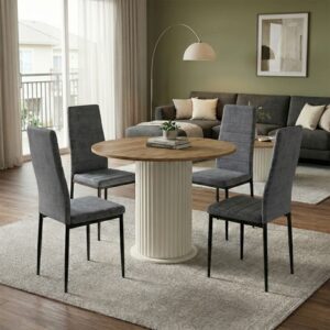Σετ τραπεζαρία 5τμχ Bohema - Rosa Megapap χρώμα ivory/sepet oak - γκρι Ø90x77,7εκ.