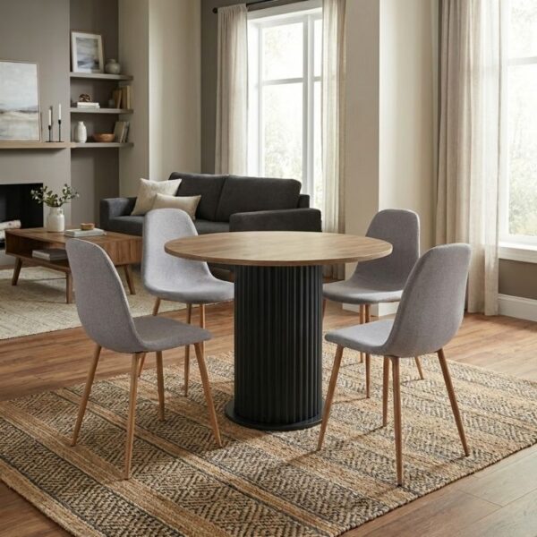 Σετ τραπεζαρία 5τμχ Bohema – Iris Megapap χρώμα μαύρο/sepet oak – ανοιχτό μπεζ/φυσικό πόδι Ø90×77,7εκ.