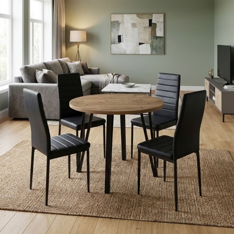 Σετ τραπεζαρία 5τμχ Xana – Rosa Megapap χρώμα sepet oak – μαύρο Ø90×77,5εκ.